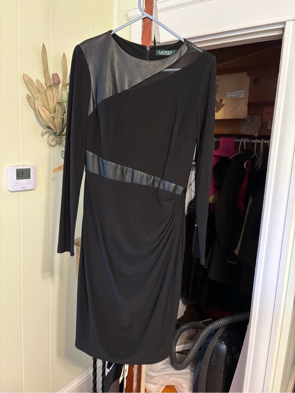 Lauren Ralph Lauren Black Long-Sleeve Sheath Dress with Faux-Leather Panels